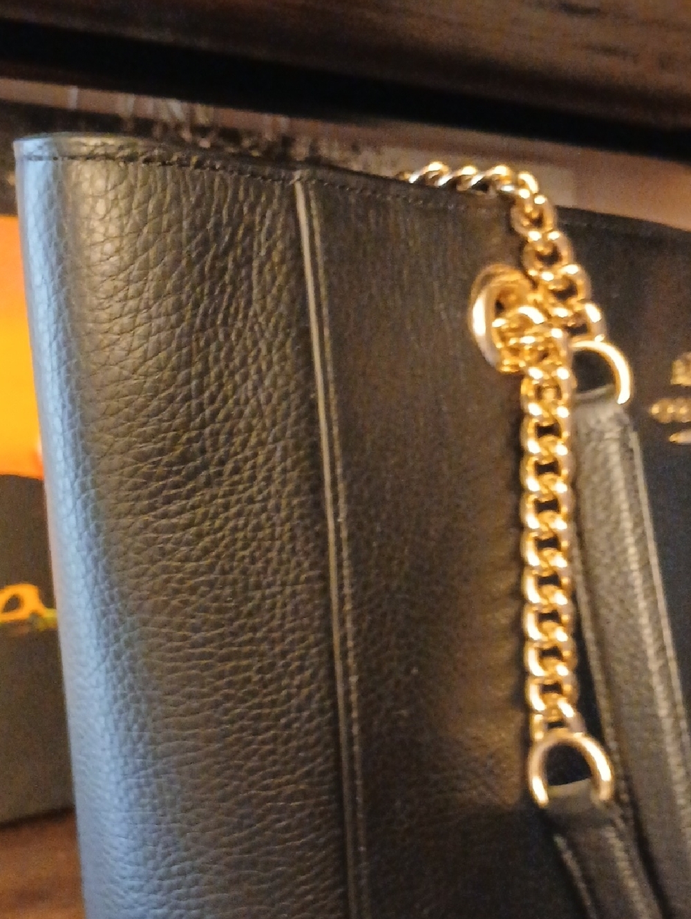 Coach Black Leather Tote with Gold Chain Straps - Picture 4 of 16